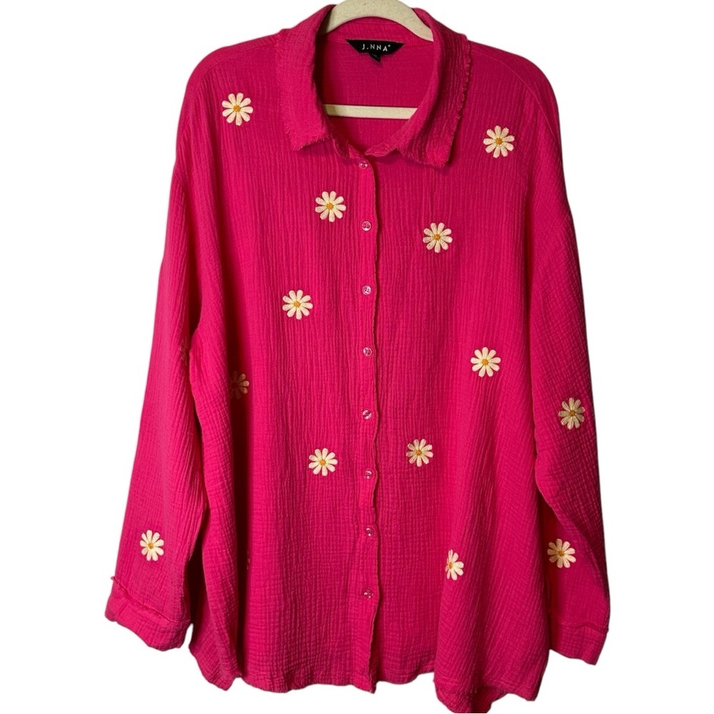 J.NNA + Bright Pink Daisy Gauzy Button Up Blouse Top 100% Viscose‎ T26466 1XL